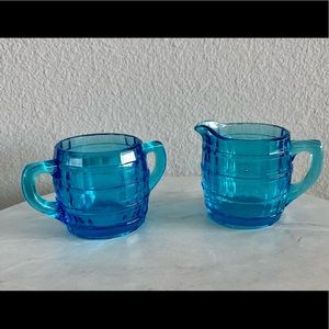 Vintage Tiara Indiana Glass Blue Barrel Sugar and Creamer Set